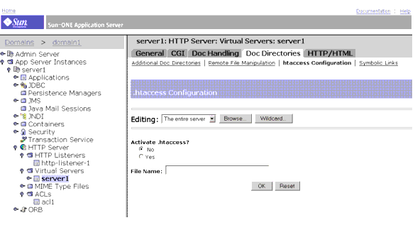 This screen capture shows the htaccess configuration settings for the virtual server instance.