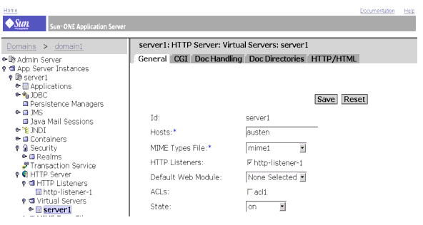 This screen capture shows the virtual server  settings tabs. 
