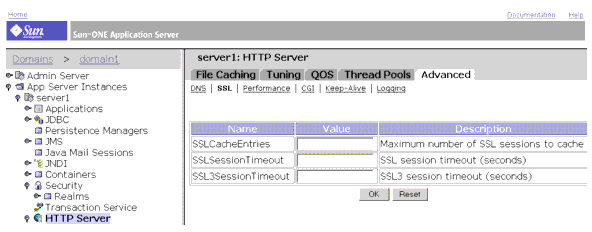 This screen capture shows the HTTP Server advanced SSL settings page. 