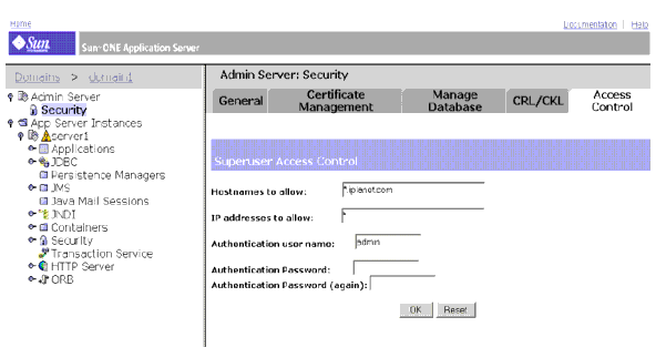 This screen capture shows the page for setting superuser access control. 