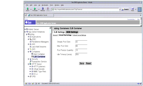 This figure shows tuning the EJB Pool using the administration interface.