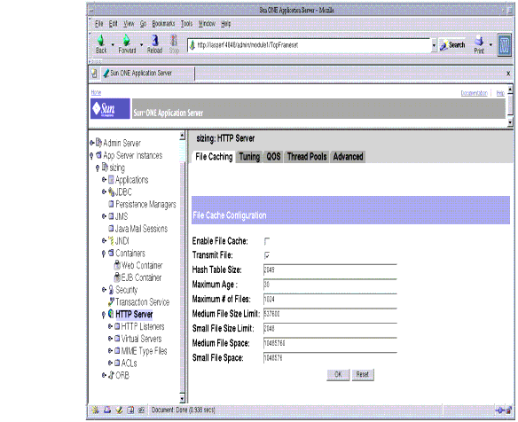 This figure shows tuning the File Caching using the administration interface.