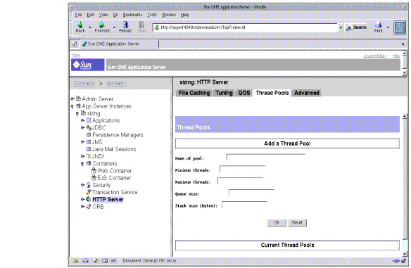 This figure shows tuning the Thread Pools using the administration interface.