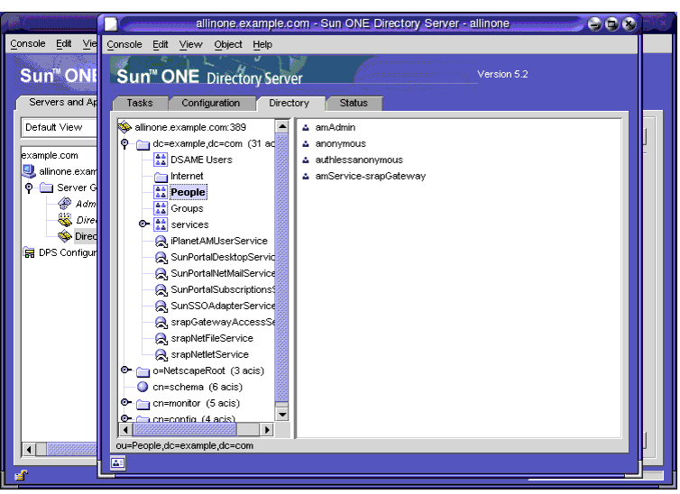 Screen capture; Sun ONE Directory Server window. People container is selected and the four users in People are displayed.