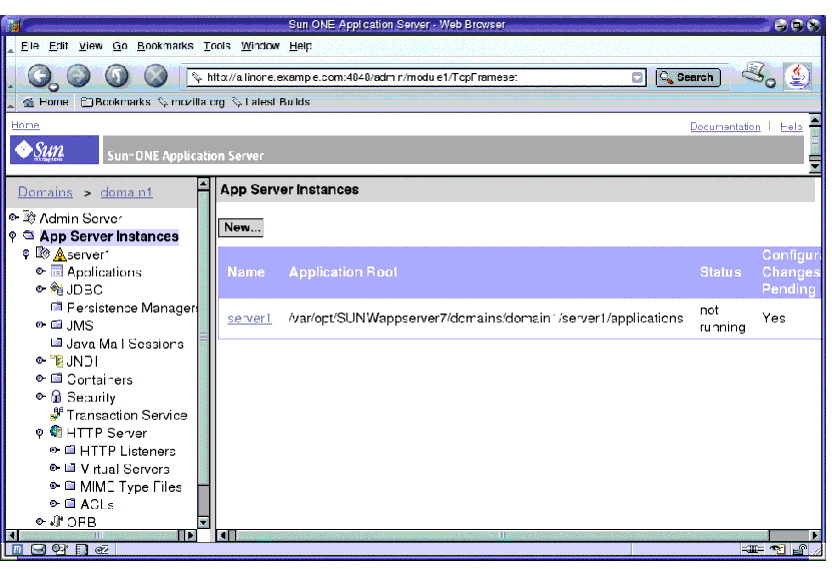 Screen capture; left pane displays contents of domain1. App Server Instances node is expanded, showing server1 sub-node.