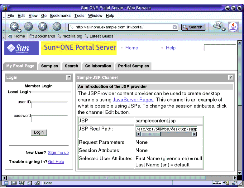 Screen capture; shows sample desktop's Login and Sample JSP channels.