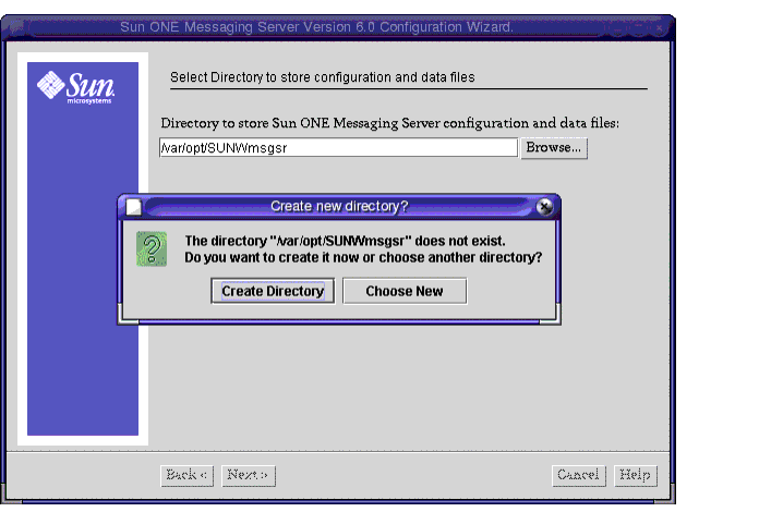 Screen capture; shows Create new directory message over the Select Directory page.