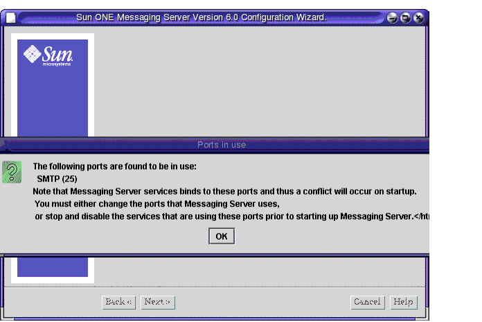 Screen capture; shows the Ports in Use message.