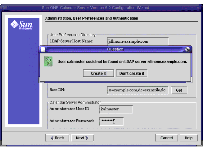 Screen capture; shows the Question dialog above the Administration, User Preferences and Authentication page.