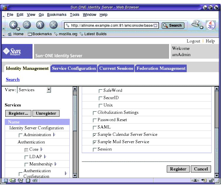 Screen capture; right pane shows list of services that can be registered. List includes sample calendar and sample mail services