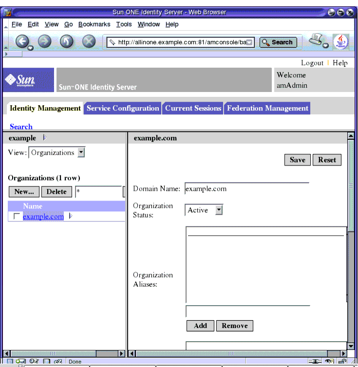 Screen capture; in the left pane, the organization name (example.com) is selected.