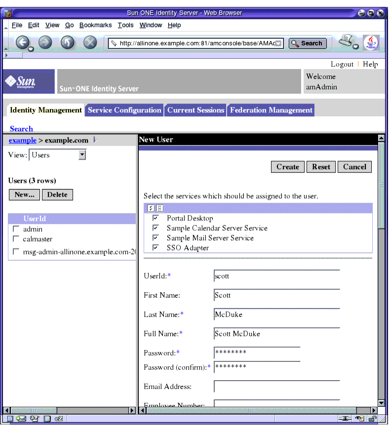 Screen capture; the right pane displays input fields for new user information.
