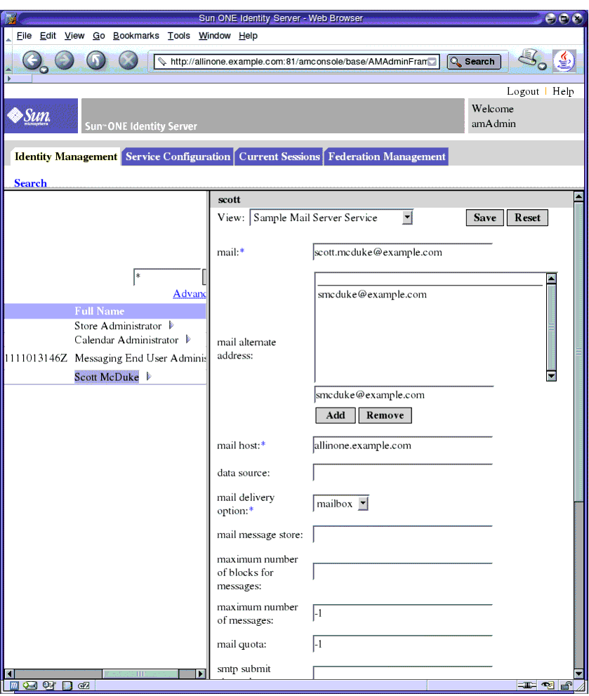 Screen capture; right pane shows Sample Mail Server Service properties.