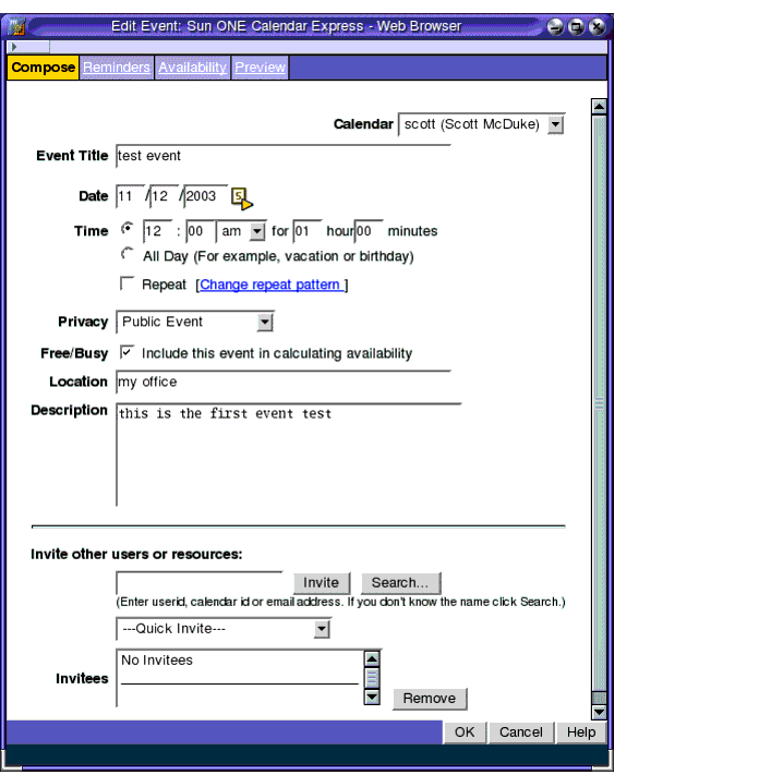 Screen capture; Edit Event window. Input fields display the values suggested in step 4.