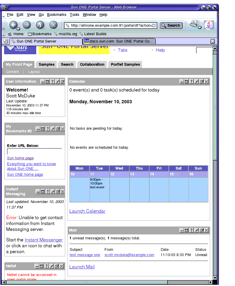 Screen capture; User Information channel displays user name Scott McDuke. Calendar channel displays test event.