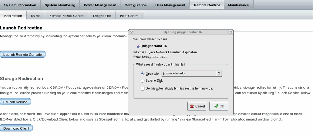 Graphic showing the Launch Redirection page and the dialog box to specify the 32-bit JDK file.