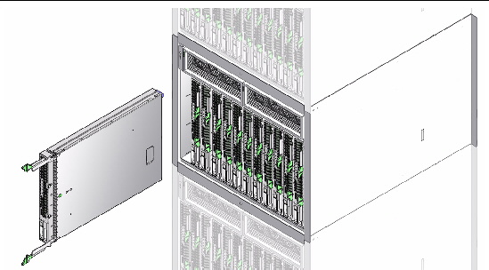 Figure shows the Sun Netra T6340 Server Module with the chassis.