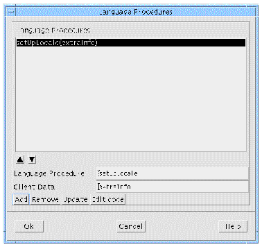 The Language Procedures dialog with "setUpLocale" entered in the "Language Procedure" field, "extraInfo" and entered in the "Client Data" field.