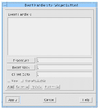 The Event Handlers dialog with no values entered.