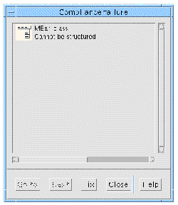 The Compliance Failure dialog with an example error reporting that "MBar_class cannot be structured".