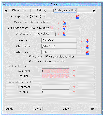 Code Generation page of the Core Resources dialog.