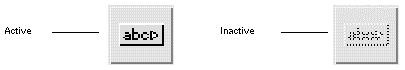 Two PushButton icons from the widget palette. One is grayed out. Callouts identify the active icon and the inactive, grayed-out icon.