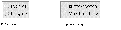 The radio buttons in the dynamic display shown with default labels and then with long labels.