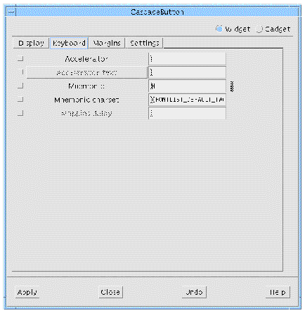 The Keyboard page of the CascadeButton resource panel showing example values entered.