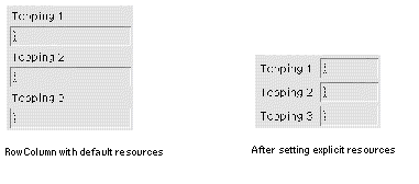 The TextFields and PushButtons in the RowColumn in the dynamic display before and after setting RowColumn resources.