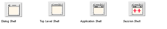 The Shell icons as they appear on the widget palette. They are labelled Dialog Shell, Top Level Shell, Application Shell and Session Shell.