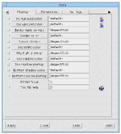 The Display page of the core resource panel.