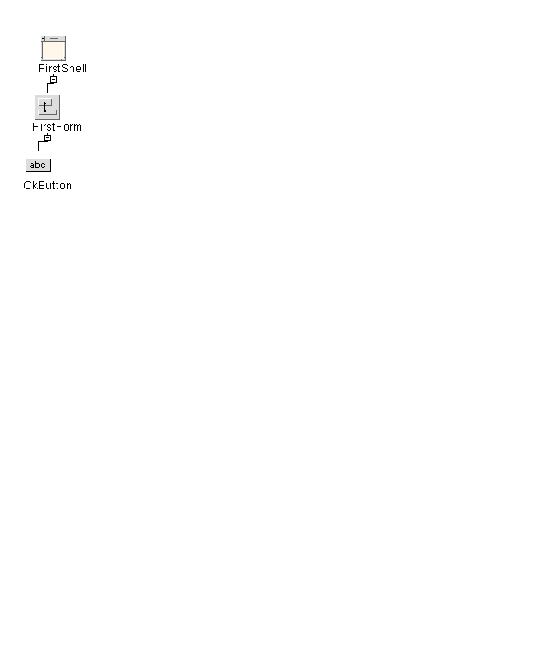 The first design hierarchy for the tight binding example showing a Session Shell containing a single Form containing a PushButton.