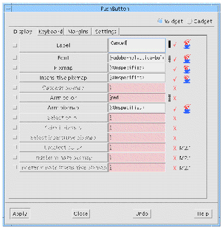 The PushButton resource panel with annotations indicating resources that have changed, Windows compliant resources and Java compliant resources.