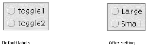 Two views of the radio buttons in the dynamic display. The first shows them with default labels. The second shows explicitly set labels.