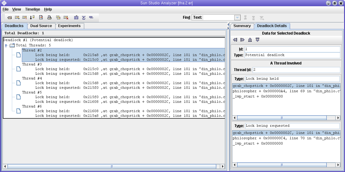 A screen-shot of the Thread Analyzer window which shows
a potential deadlocks.