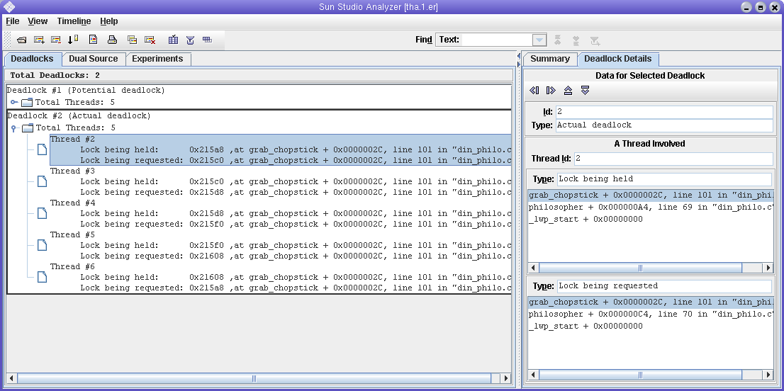 スレッドアナライザのウィンドウに表示された実デッドロック情報のスクリーンショット