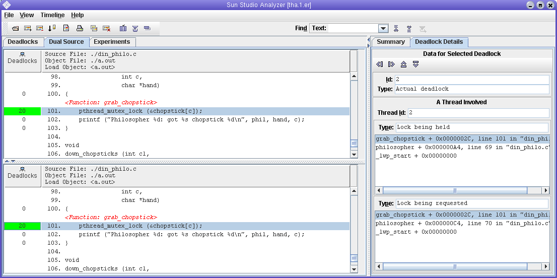 スレッドアナライザの「デュアルソース」タブのスクリーンショット - 潜在的デッドロックの例