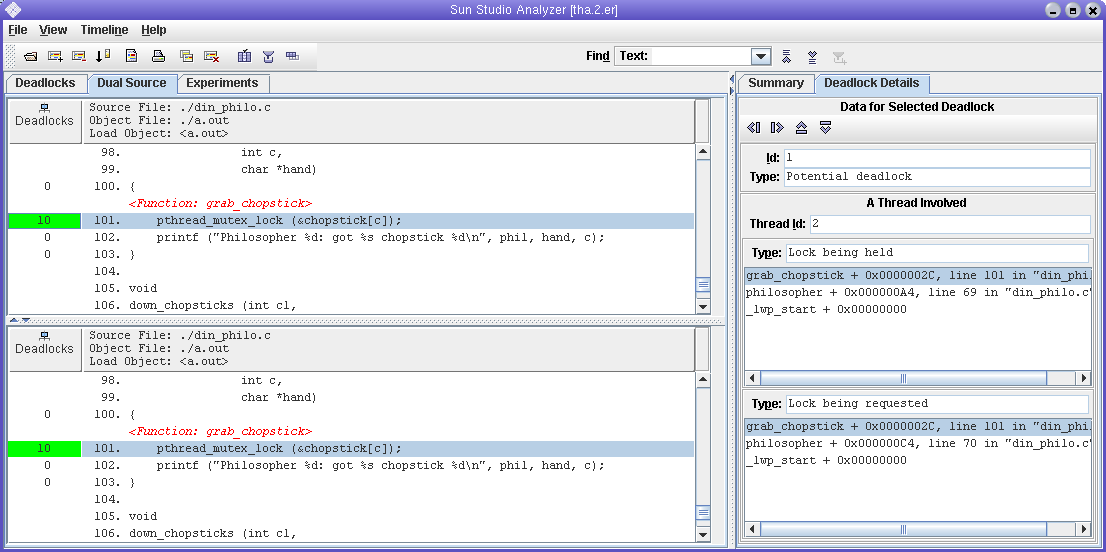 スレッドアナライザの「デュアルソース」タブのスクリーンショット - 潜在的デッドロックの例