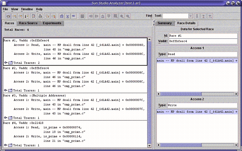 スレッドアナライザの「競合」タブのスクリーンショット - omp_primes.c の例