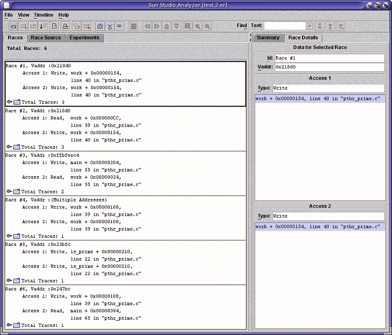 显示 pthr_primes.c 的 Races（争用）选项卡的线程分析器窗口屏幕拍图