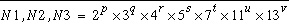 N1, N2, N3=2^{p}\times 3^{q}\times 4^{r}\times 5^{s}\times 7^{t}\times 11^{u}\times 13^{v}