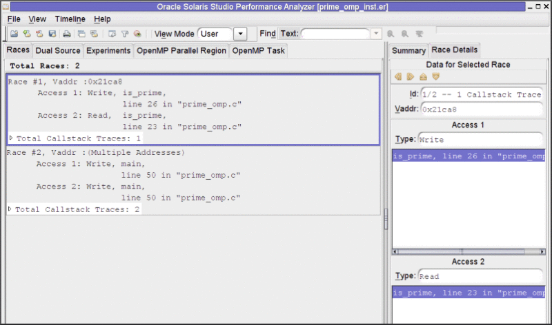 prime_omp.c の「競合 (Races)」タブを表示した「スレッドアナライザ (Thread Analyzer)」ウィンドウのスクリーンショット。