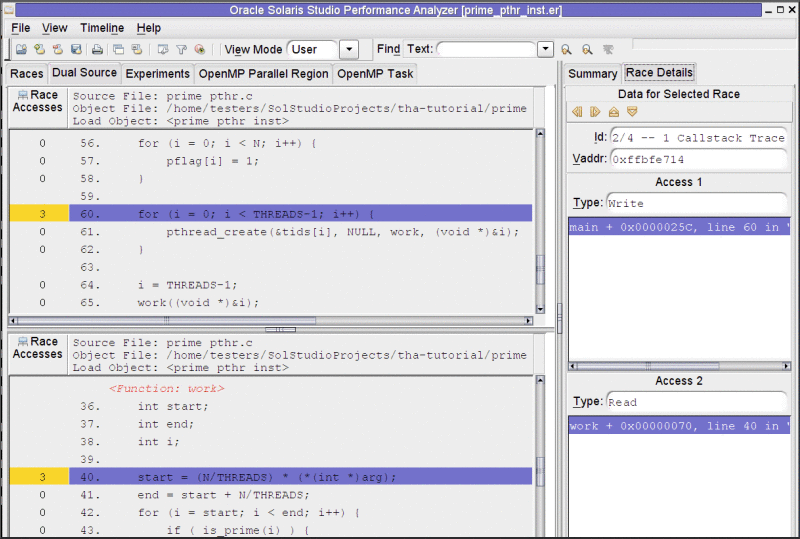 「デュアルソース (Dual Source)」タブを示した「スレッドアナライザ (Thread Analyzer)」ウィンドウのスクリーンショット。