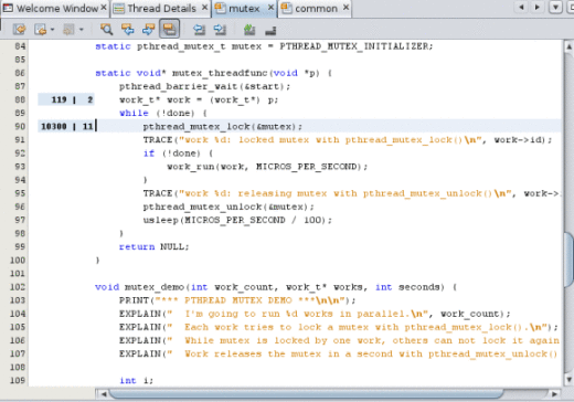 显示调用 pthread_mutex_lock 函数的源代码的 