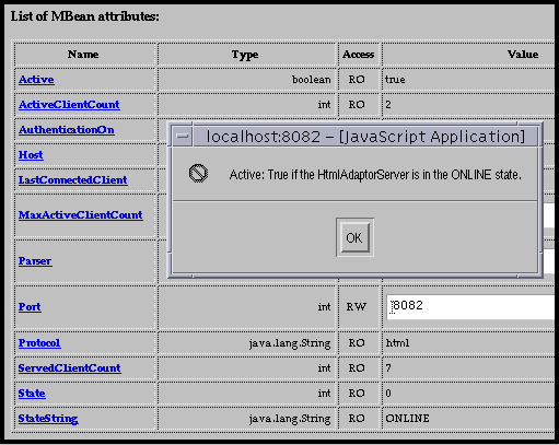 Screen shot showing the attributes of the HTML adaptor and a description window for the Active attribute