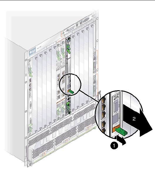 This figure shows how to remove the AMC from the switch. This figure shows how to remove the AMC from the switch.