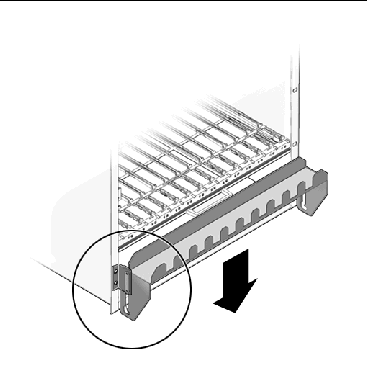 This figure shows how to move the front cable management bracket to the lower position. This figure shows how to move the front cable management bracket to the lower position.