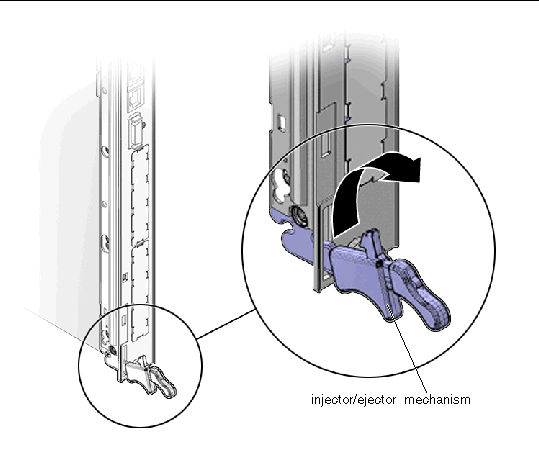 This figure shows how to disengage the injector/ejector mechanisms on the switch. This figure shows how to disengage the injector/ejector mechanisms on the switch.