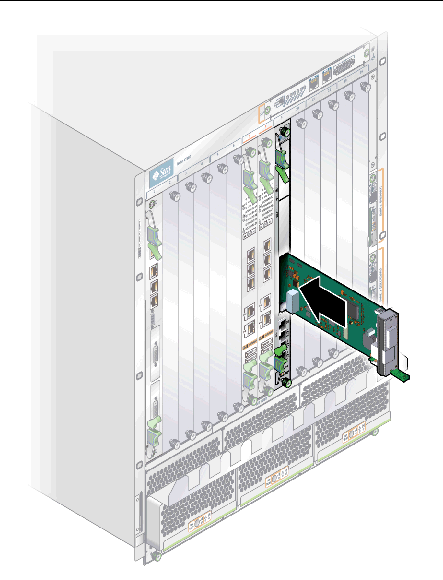 This figure shows how to insert the AMC into the switch. This figure shows how to insert the AMC into the switch.