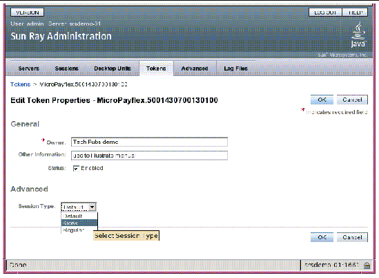 Edit Kiosk mode tab showing a Sun Ray Connector session.